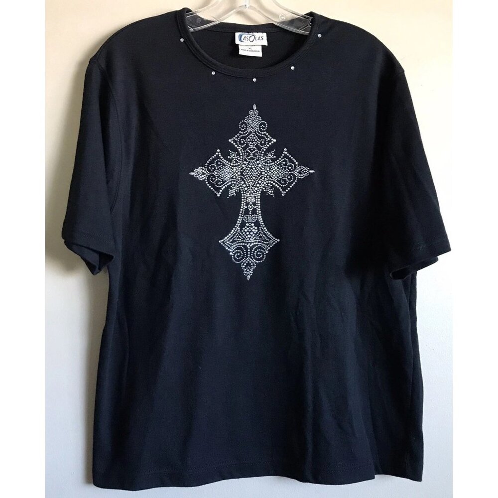 Las Olas Vintage Black Rhinestone Cross‎ Shirt Size XL Super Soft Combed Cotton